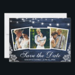 Rustic Blue Wood Lights Lace 3 Photo Save The Date<br><div class="desc">Rustic Blue Wood String Lights and Lace 3 Photo Save The Date Engagement Announcement Card</div>