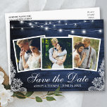 Rustic Blue Wood Lights Lace 3 Photo Save The Date Invitation Postcard<br><div class="desc">Rustic Blue Wood String Lights and Lace 3 Photo Save The Date Engagement Announcement Postcard</div>