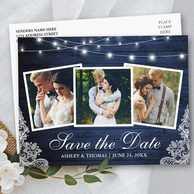 Rustic Blue Wood Lights Lace 3 Photo Save The Date Invitation Postcard (Customize to change text size or text style.)