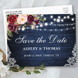 Rustic Blue Wood Lights Lace Floral Save the Date Announcement Postcard<br><div class="desc">Rustic Blue Wood String Lights Lace Watercolor Burgundy Floral Save the Date Postcard - Printed Back</div>