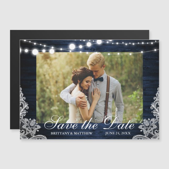 Rustic Blue Wood Lights Lace Photo Save the Date Magnetic Invitation (Front/Back)