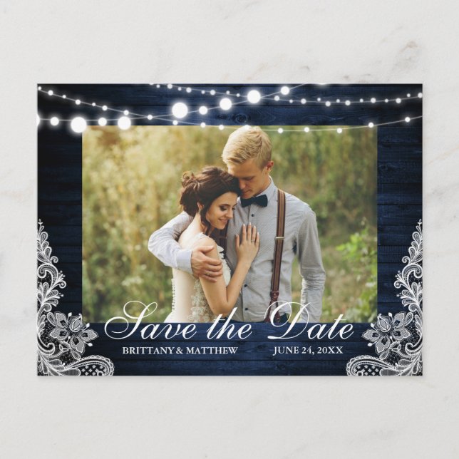 Rustic Blue Wood Lights Lace Photo Save the Date Postcard (Front)