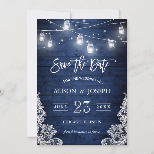 Rustic Blue Wood Mason Jars Lights Lace Wedding Save The Date (Front)