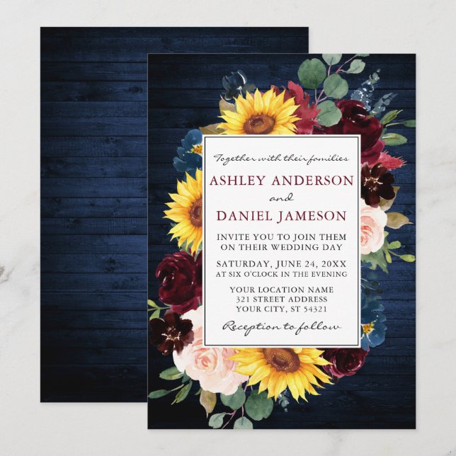 Rustic Blue Wood Mixed Floral Frame Wedding Invitation (Front/Back)