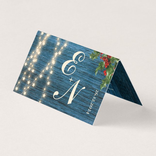 Rustic Blue Wood Monogram Lights Christmas Wedding (Front)