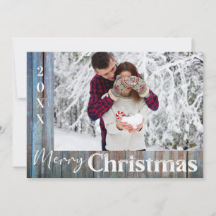 Rustic Blue Wood Photo Joyeuse carte de Noël