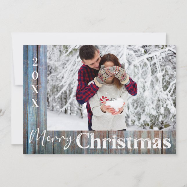 Rustic Blue Wood Photo Merry Christmas Card (Front)