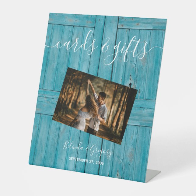 Rustic Blue Wood Photo Wedding Cards Gifts Pedestal Sign (Front)