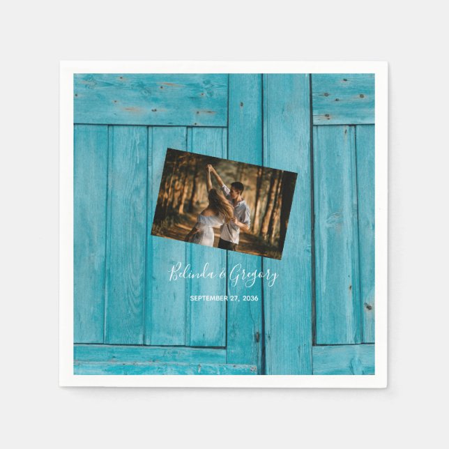 Rustic Blue Wood Photo Wedding   Napkin (Front)