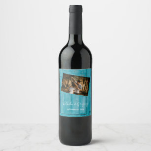 Rustic Blue Wood Photo Wedding  Wine Label