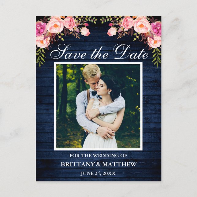 Rustic Blue Wood Pink Floral Photo Save the Date Postcard (Front)