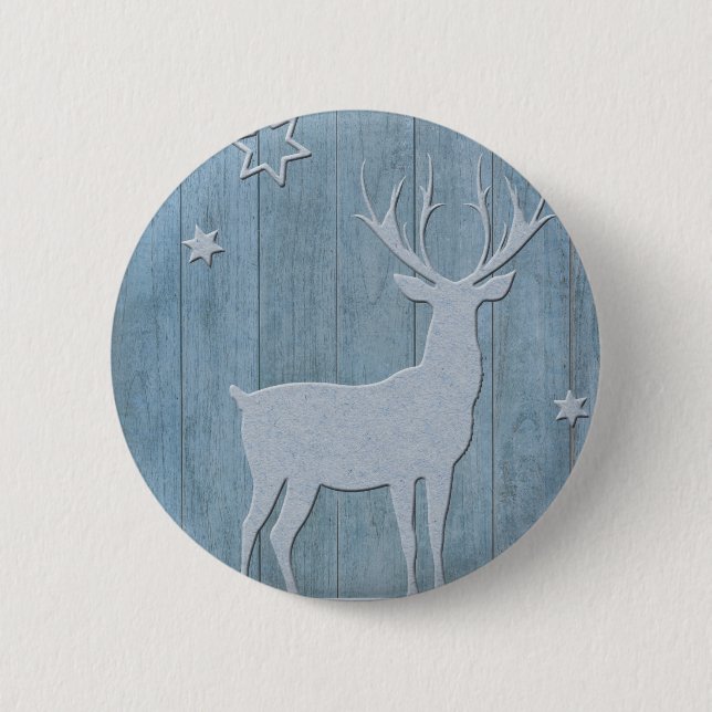 Rustic Blue Wood Reindeer Country Christmas 2 Inch Round Button (Front)
