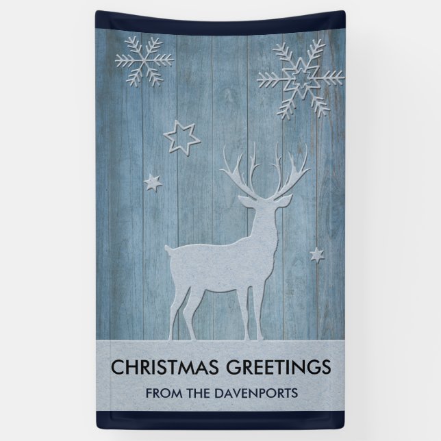 Rustic Blue Wood Reindeer Country Christmas Banner (Vertical)