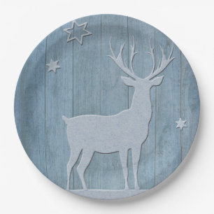 Rustic Blue Wood Reindeer Country Christmas Paper Plate