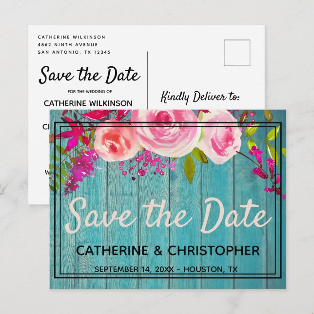 Rustic Blue Wood Rose Floral Save the Date Postcard (Front/Back)