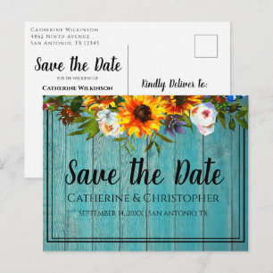 Rustic Blue Wood Save the Date Floral Announcement Postcard