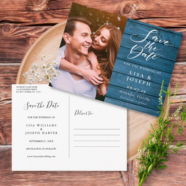 Rustic Blue Wood Script Photo Save the Date Postcard (Creator Uploaded)