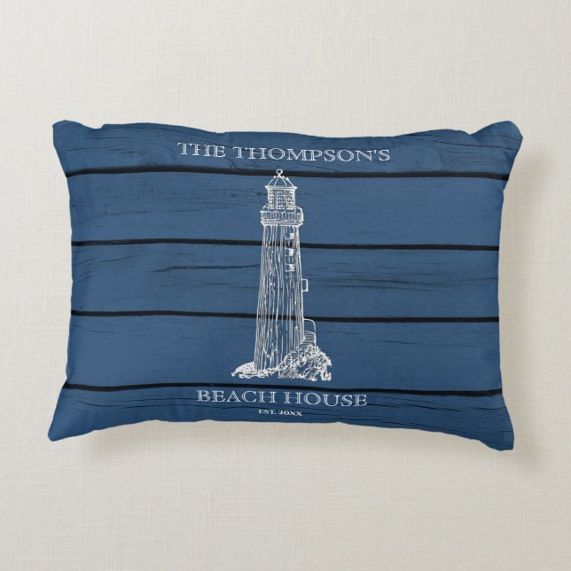 Rustic Blue Wood Seahorse Lighthouse Beach House  Accent Pillow (Back)