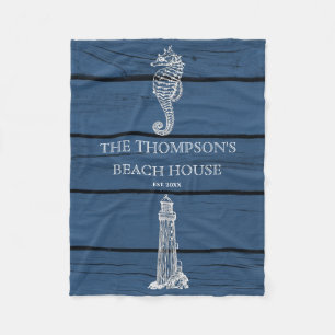 Rustic Blue Wood Seahorse Lighthouse Beach House Fleece Blanket