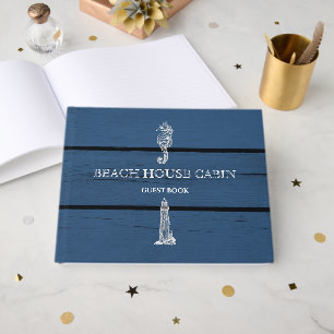 Rustic Blue Wood Seahorse Lighthouse Beach House  Guest Book