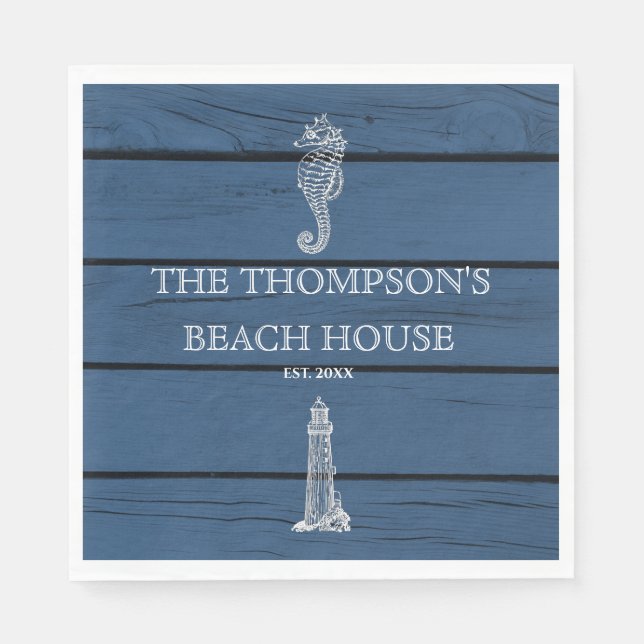 Rustic Blue Wood Seahorse Lighthouse Beach House Napkin (Front)
