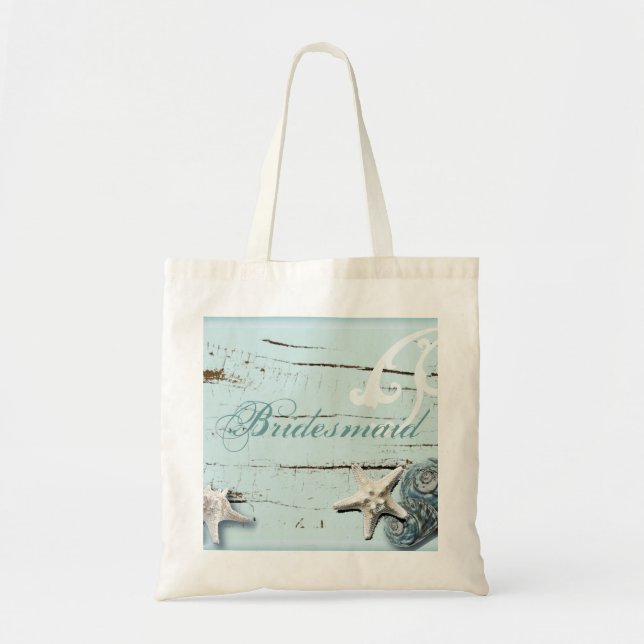 Rustic BLue wood Seashells Beach bridesmaid Tote Bag (Front)