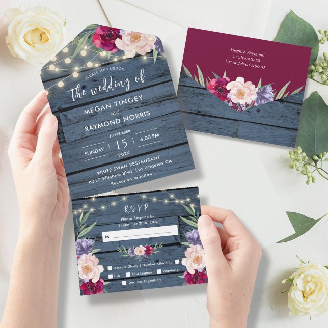 Rustic Blue Wood String Lights | Burgundy Wedding  All In One Invitation (Creator Uploaded)