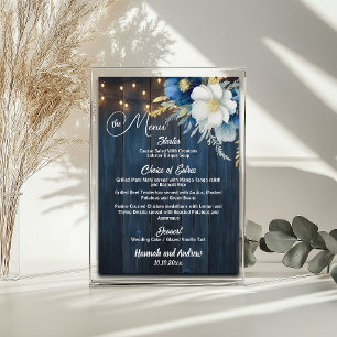 Rustic Blue Wood String Lights Floral Wedding  Menu