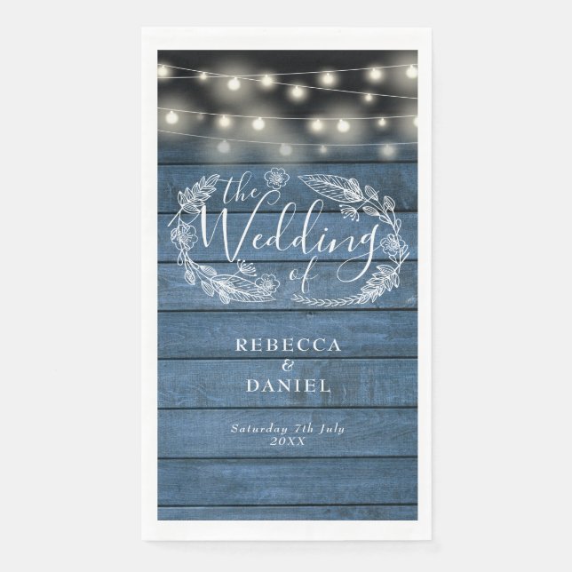 Rustic Blue Wood String Lights Floral Wedding Napkin (Front)