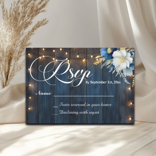 Rustic Blue Wood String Lights Floral Wedding RSVP Card