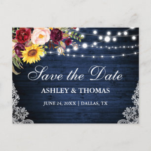 Rustic Blue Wood String Lights Lace Floral Announcement Postcard