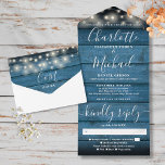 Rustic Blue Wood String Lights Monogram Wedding All In One Invitation<br><div class="desc">All in one wedding invitation,  pretty string lights,  signature style names and chic typography on a blue rustic wood background. The invitation includes a perforated RSVP card with meal choice. Designed by Thisisnotme©</div>