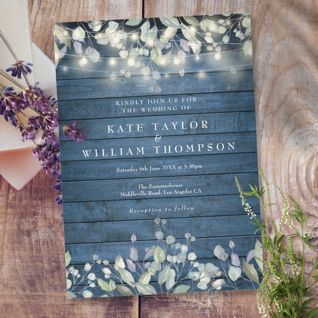 Rustic Blue Wood String Lights Sage Lilac Wedding Invitation (Creator Uploaded)