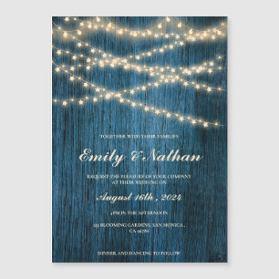 Rustic Blue Wood String Lights Wedding Invitation