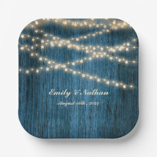 Rustic Blue Wood String Lights Wedding Party Paper Plate
