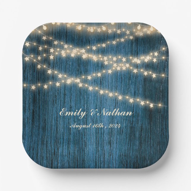 Rustic Blue Wood String Lights Wedding Party Paper Plate (Front)