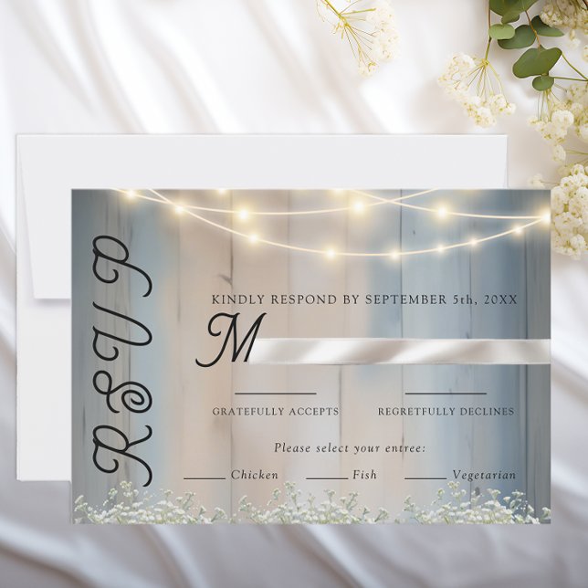 Rustic Blue Wood & String Lights Wedding RSVP Card (Wedding rsvp card)