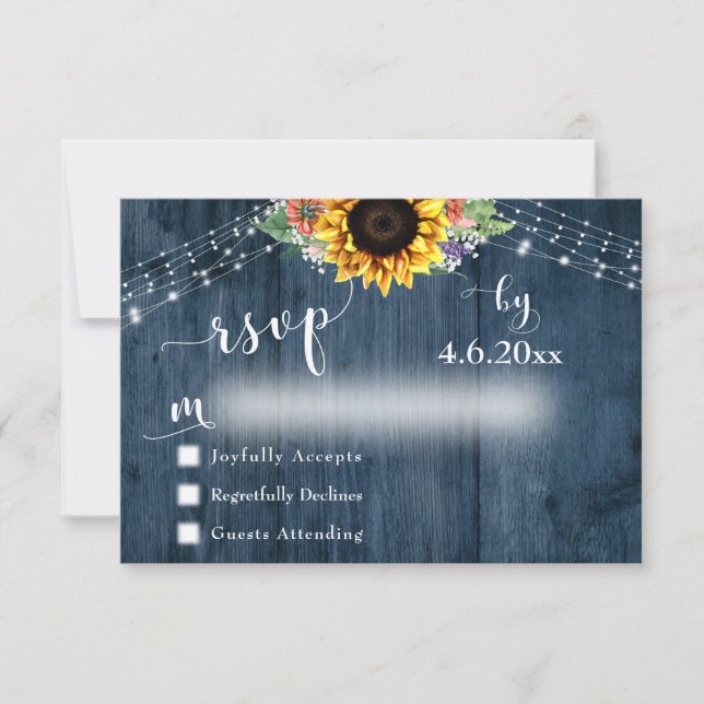 Rustic Blue Wood Sunflower Bouquet Lights Wedding RSVP Card (Front)