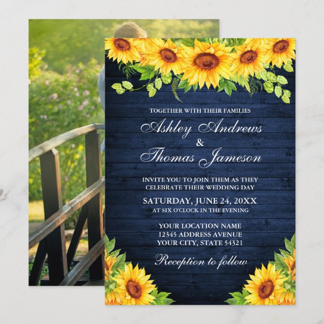 Rustic Blue Wood Sunflower Floral Greenery Photo Invitation (Front/Back)