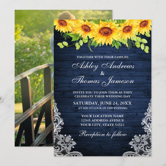 Rustic Blue Wood Sunflower Floral Lace Photo Invitation (Front/Back)