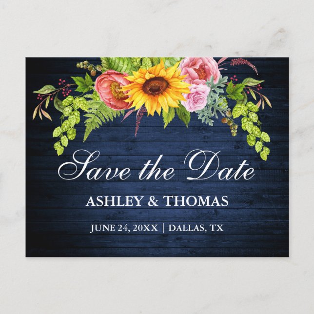 Rustic Blue Wood Sunflower Floral Save The Date Invitation Postcard (Front)