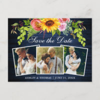 Rustic Blue Wood Sunflower Save the Date Photo