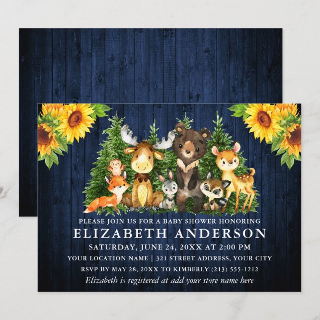 Rustic Blue Wood Sunflower Woodland Animals Shower Invitation (Front/Back)