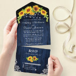 Rustic Blue Wood Sunflowers Lace Lights Wedding All In One Invitation<br><div class="desc">Rustic Wedding,  Watercolor Sunflower Floral,  Blue Wood and String Lights Lace Wedding All In One Invitation with RSVP Card includes yellow sunflowers and greenery.</div>