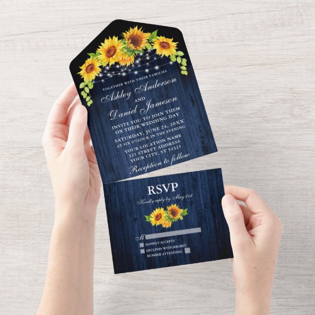 Rustic Blue Wood Sunflowers String Lights Wedding All In One Invitation (Tearaway)