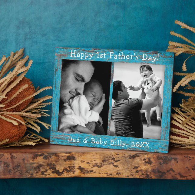 Rustic Blue Wood Text First Father's Day Photo Plaque (Side)