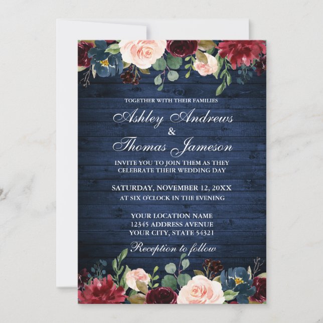 Rustic Blue Wood Wedding Floral Burgundy Blue Invitation (Front)