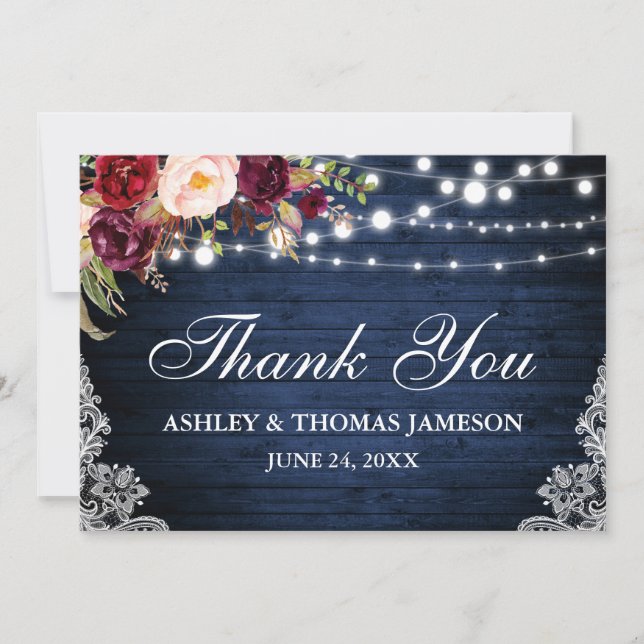 Rustic Blue Wood Wedding Floral Lights Lace Thanks Thank You Card (Front)