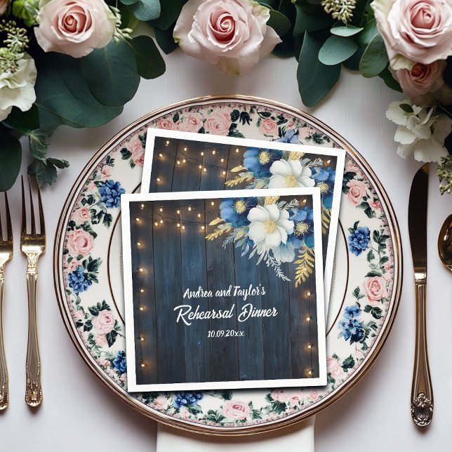 Rustic Blue Wood White Floral Rehearsal Dinner Napkin (Creator Uploaded)