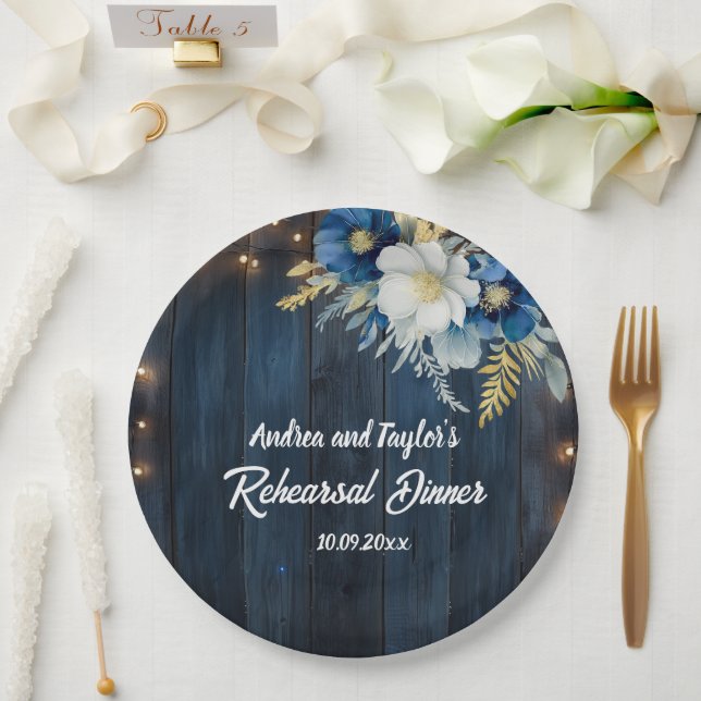 Rustic Blue Wood White Floral Rehearsal Dinner Paper Plate (Wedding)